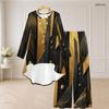 Women Plus Size Round Neck Long Sleeve High Low Top Wide Leg Pants Black Blue Printed Two Piece Set