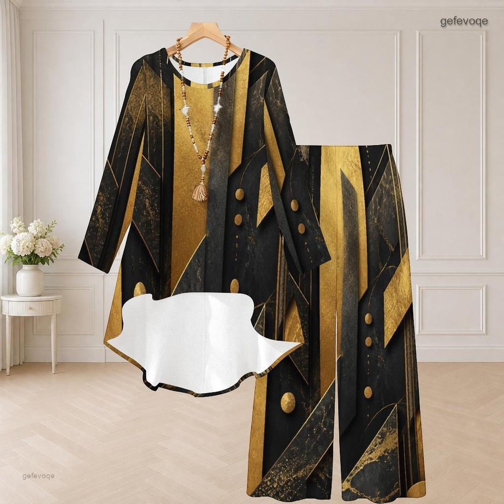 Women Plus Size Round Neck Long Sleeve High Low Top Wide Leg Pants Black Blue Printed Two Piece Set