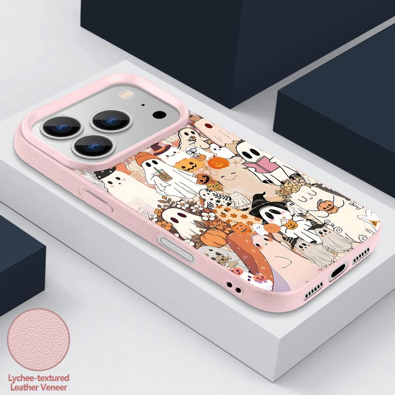 Pumpkin Lantern Ghost Halloween Case For iPhone 18 Pro Max 17 16 15 14 13 Pro Max 17E 16E Leather Texture Silicone Anti-skid Soft Cover