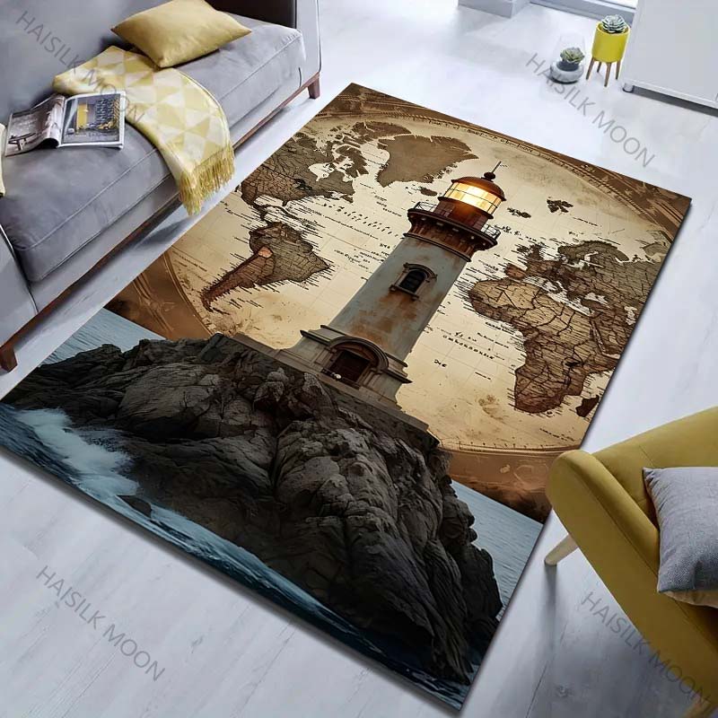 Lighthouse and World Map Pattern Carpet for Bedroom Living Room Bedside Sofa Floor Mat Modern Home Decor Area Rug Large Size