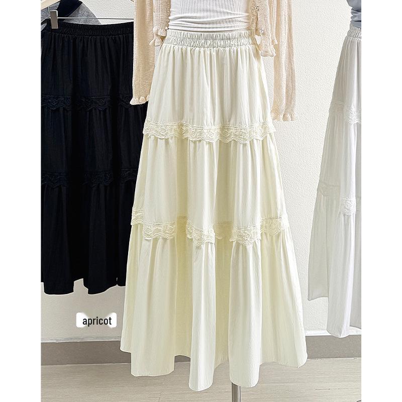 

2026 Spring/Summer White Patchwork Lace Trim Fairy A-line Mid-length Beach Skirt One Size абрикосовий