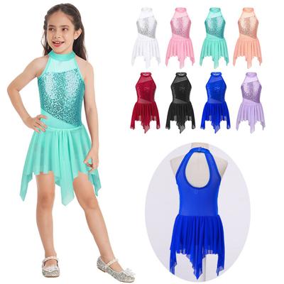Girls Sleeveless Sequins Cutout Back Ballet Dance Gymnastic Leotard Asymmetrical Dress Latin Jazz Dancewear