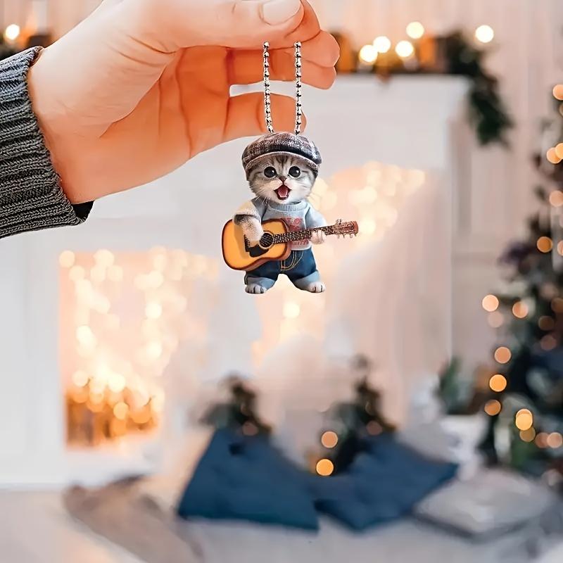 Charmantes flaches 2D-Ornament aus Acryl in Form einer Gitarre und einer Katze im Autospiegel – Dekoration für Zuhause und das Fahrzeug, Anhänger für die Schultasche