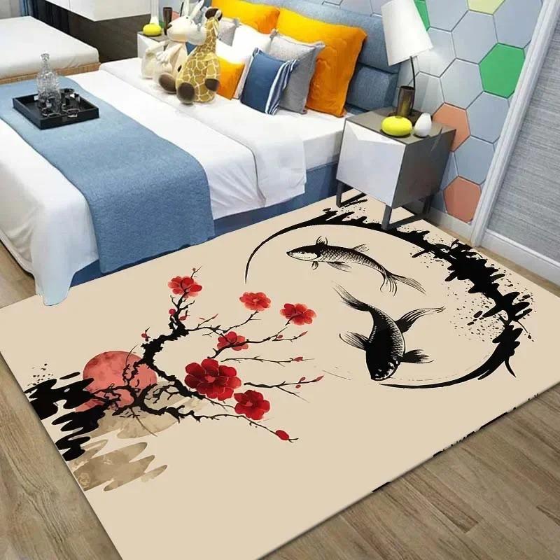 Chinese Koi Carp Ink Painting Good Luck Rug Pink Cherry Blossoms Carpet For Living Room Bedroom Home Decor Door Mat