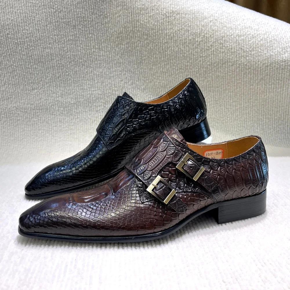 Fashion Men's Italian Genuine Leather Formal Oxford Shoes Python Crocodile Pattern Button Detailing for Office Party Wedding Footwear