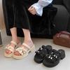 Thick-soled Slim Sandals One-word Trendy Slope Heels Slippers Versatile and Popular Rhinestone Women's 2025 Summer New Outer Wear Muffin