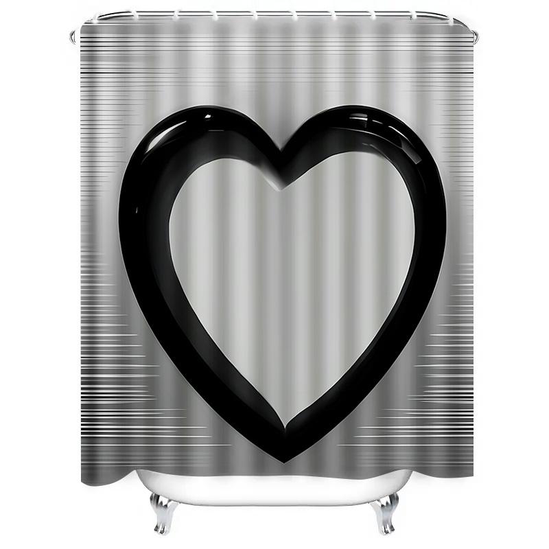 Stylish Monochrome Heart Shower Curtain - Waterproof, Mildew-Resistant, Machine Washable For Modern Bathroom Decor