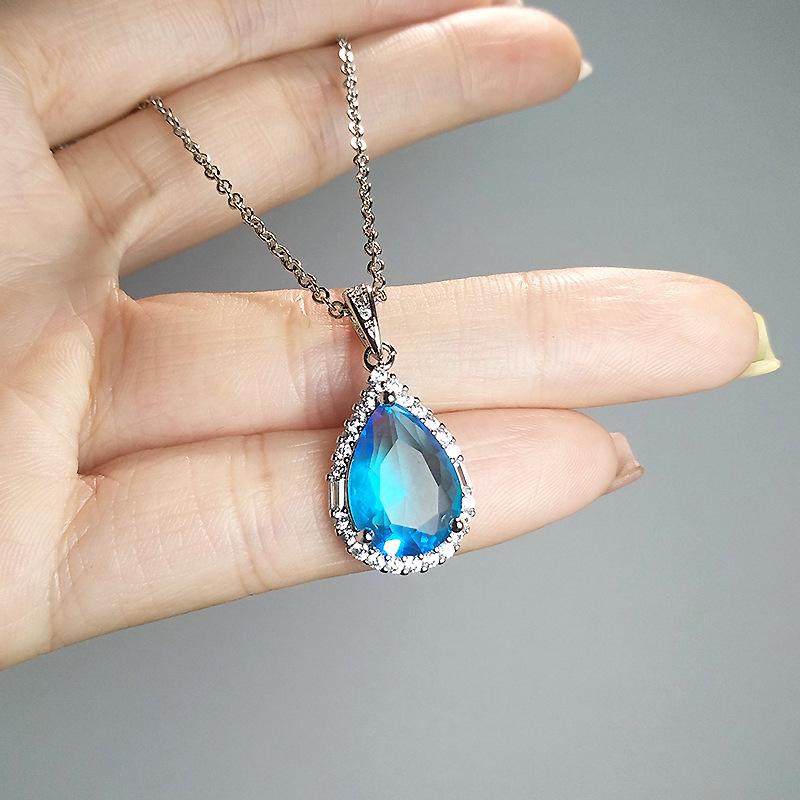 Water Drop-Shaped Aquamarine Pendant Temperament Inlaid With Imitation Emerald Yellow Zirconium White Gold Necklace Women