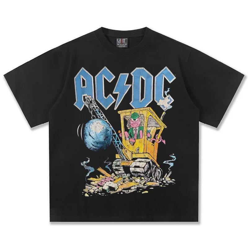 2025 Men's 100% Pure Cotton Rock Band Retro Print Short-sleeved T-shirt, Fashionable Loose High-quality Top