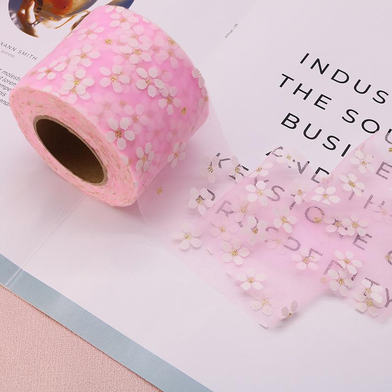 6cm Width 25Yards Daisy Tulle Ribbon Mesh Roll DIY Handmade Hair Decoration Baking Party Wedding Printed Mesh Fabric Supplies