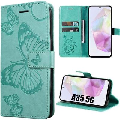 Protective Case - BOOLING - for Samsung Galaxy A35 5G - Butterfly Pattern - Leather Effect - Card Holder