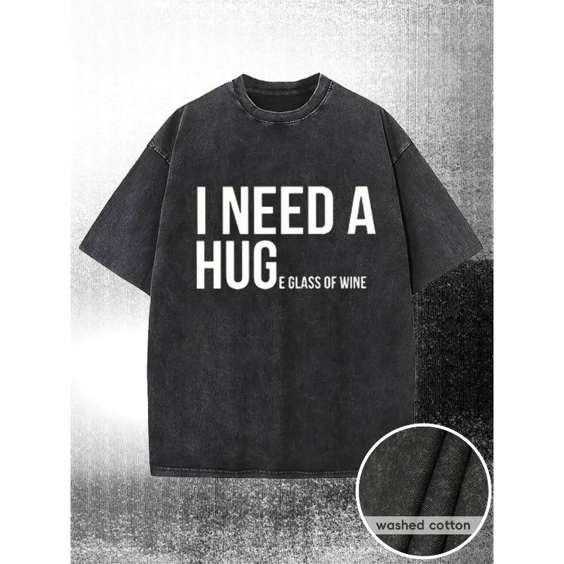 

European sizes Washed T-Shirt, I Need a Hug Print, with a Certain Thickness Suitable for Summer T-Shirts, Outdoor Activities, Holiday Gifts S чёрный