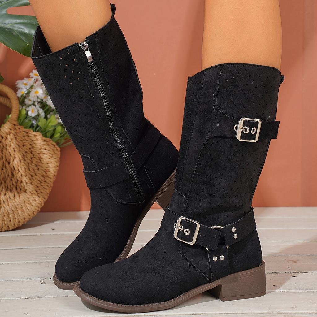 Fashion Western Retro Buckle Cowboy Boots for Women Faux Suede Hollow Out Riding Boots Woman Spring Autumn Square Heels Mid Calf Botas