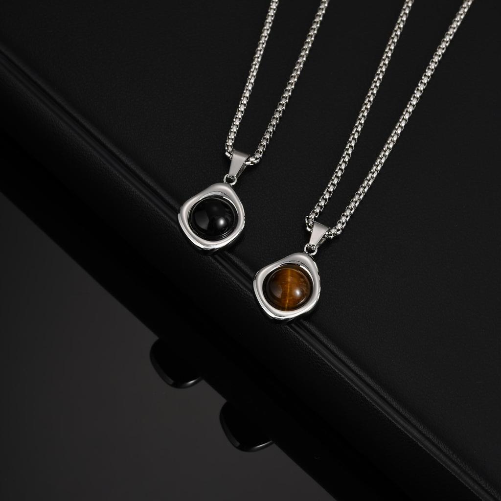 Stainless Steel Irregular Pendant Necklace for Men, Vintage Natural Agate Tiger Eye Stone Necklace, Fashion Punk Jewelry Gift