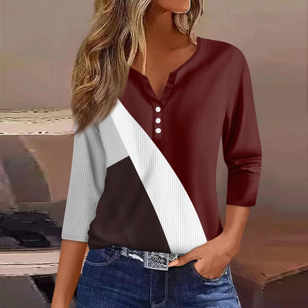 Women's T Shirt Tee Print Button 3/4 Sleeve Knit Sweater Daily Weekend Fashion Basic V- Neck Regular Top