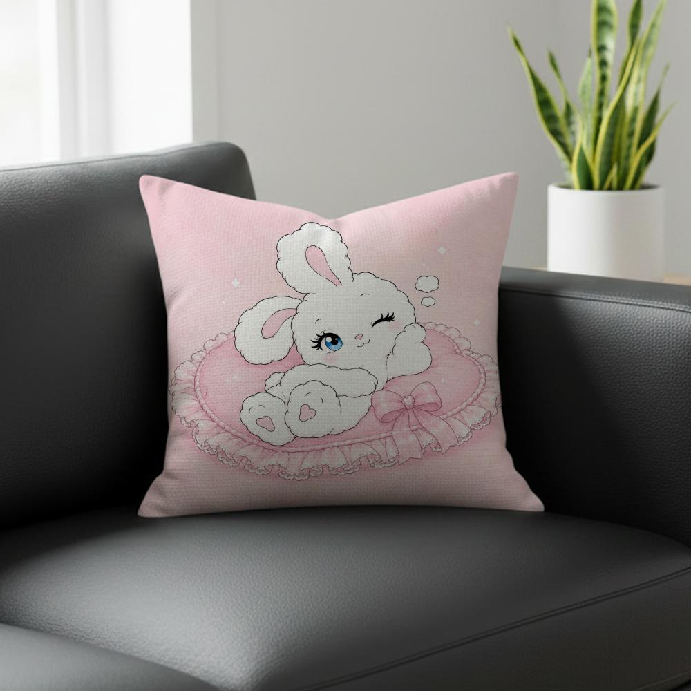 Character Pink Rabbit Cushion Cover Natural Linen Pillowcase Set AllinOne Decor for Sofa Bedroom Chair