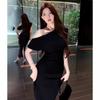 French Swing Collar Slanted Shoulder High Waist Dress Summer New Irregular Design Pleated Temperament Long Dress Women
