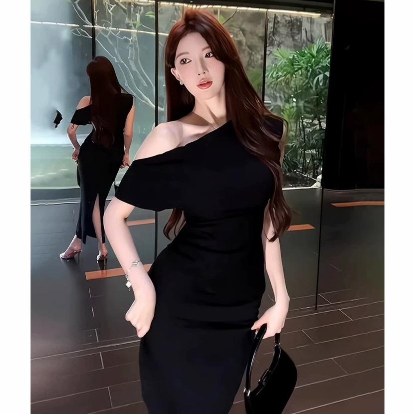 French Swing Collar Slanted Shoulder High Waist Dress Summer New Irregular Design Pleated Temperament Long Dress Women