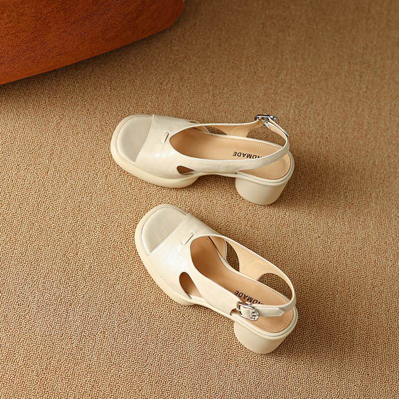 Krazing Pot Cow Skin Peep Toe Size 41 Round High Heels Summer Shoes Buckle Straps Beige Color Vintage Sandals