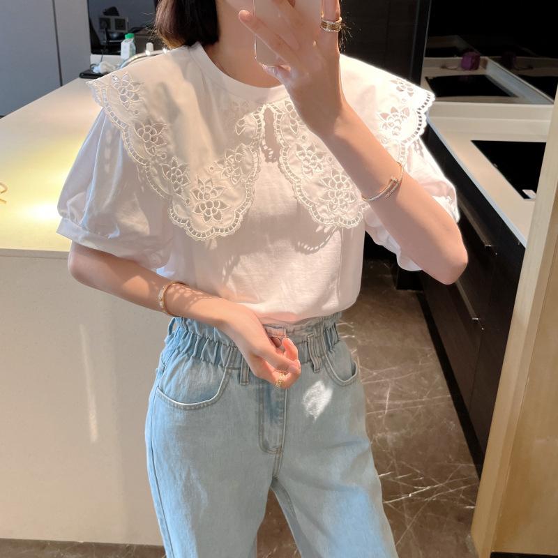 Large Size Women's Summer Hollow Lotus Leaf Petal Collar Loose White Casual Short Sleeved T-shirt