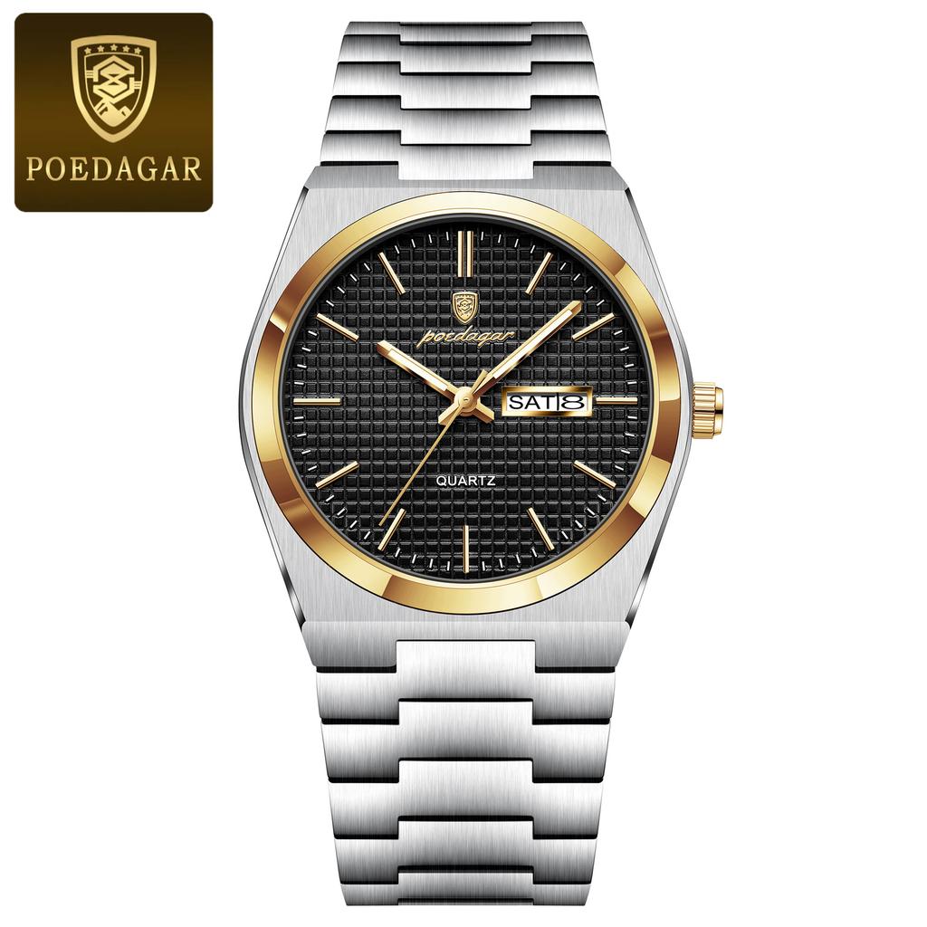 POEDAGAR Top Luxury Man Watch Waterproof Stainless Steel Men Wristwatch Luminous Date Week Fashion Business Quartz Men's Watches