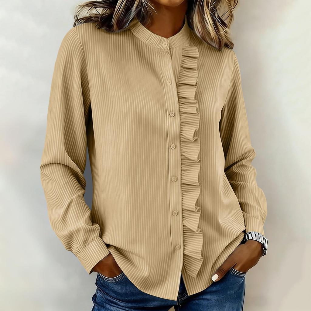 Women's Fashion Loose-Fit Lace-Trim Pleated Stand Collar Shirt Striped Top