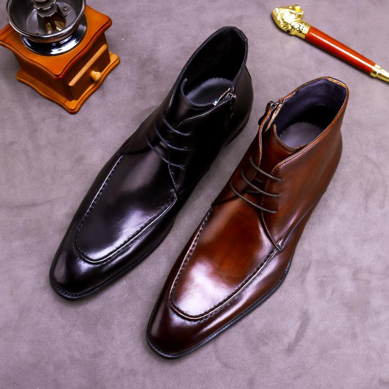 Fashion Men's Boots Winter Warm Dress Zipper Men's Leather Boots British Men's Boots Genuine Leather Boots Non Slip Soles