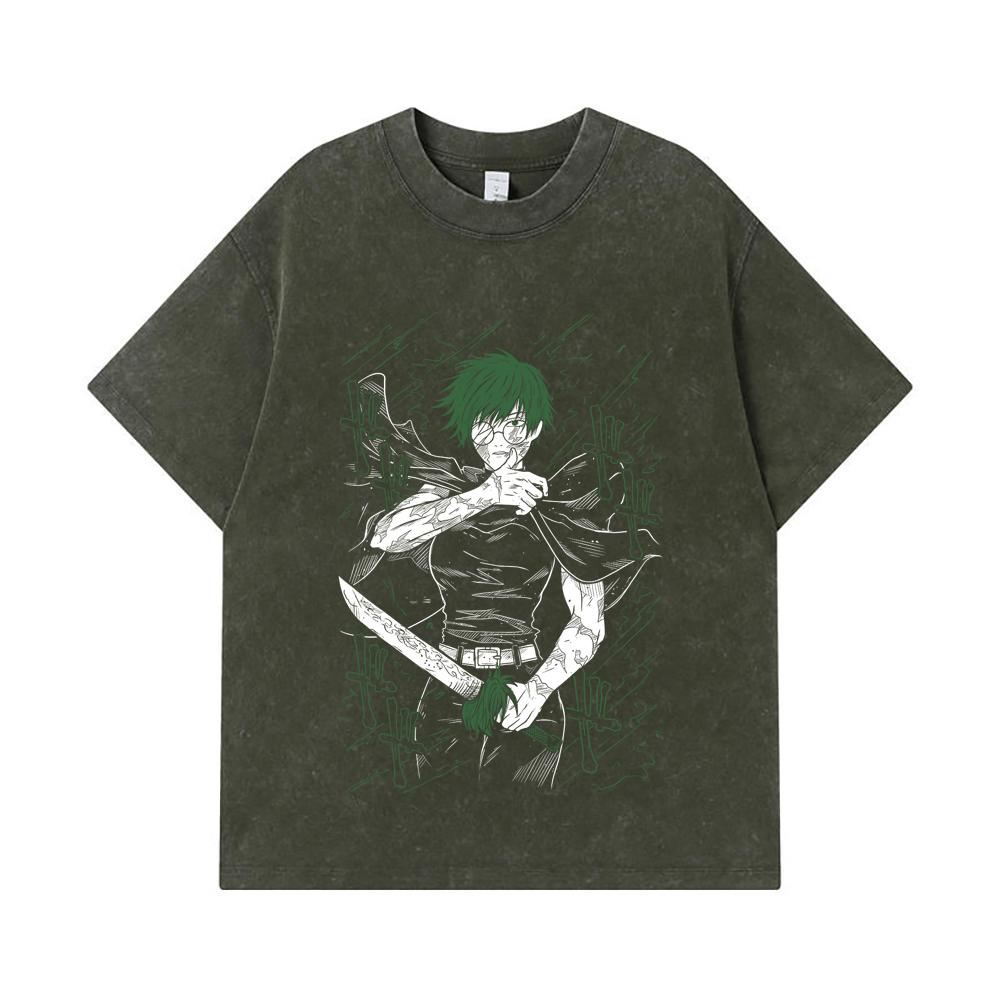 

275 GSM Washed T-shirts 100% Cotton Jujutsu Kaisen V10 Maki Print Unisex Heavy Cotton T Shirt S армия зеленый