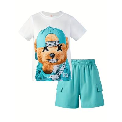 Boys' Casual Bear Graphic Tee Set Summer Outfit with Pockets Casual Youngsters Wear Trendy Youngsters Outdoor