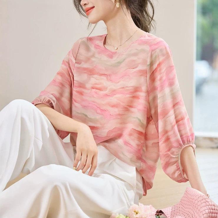 Summer new fashion light and cool smudged printed chiffon t-shirt women's slim shirt lantern sleeve top
