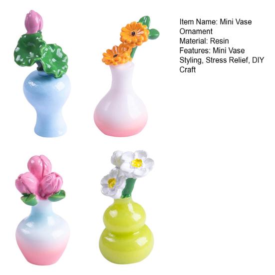 4Pcs Mini Vase Ornament Healing Mini Garden Stress Relief Partner Resin Bouquet Desktop Narrative Sense Decor