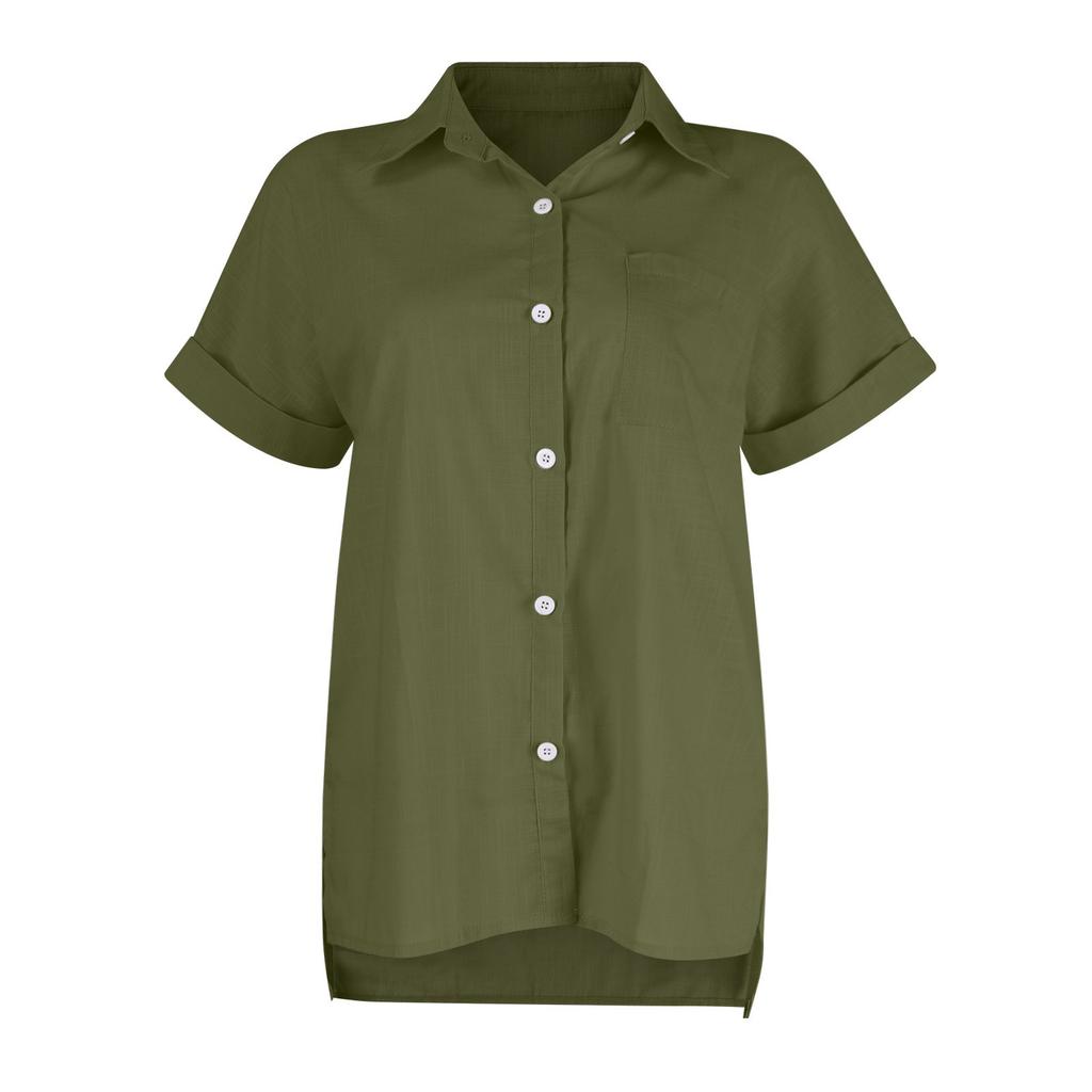 Women's Fashion Loose Casual Short Sleeve Lapel Button Down Shirt Color With Pocket T-Shirt Top