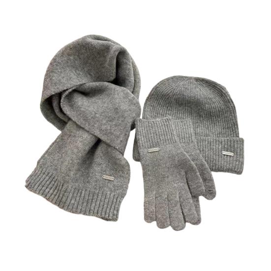 3Pcs/Set Women Hat Scarf Gloves Set Solid Color Ribbed Trim Brimless Hat Long Scarf Warm Gloves Set Winter Accessories