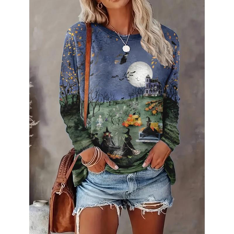 Womens Loose Fit Long Sleeve Round Neck T-Shirt With 3D Dinosaur Christmas Tree Print Milk Silk Fabric