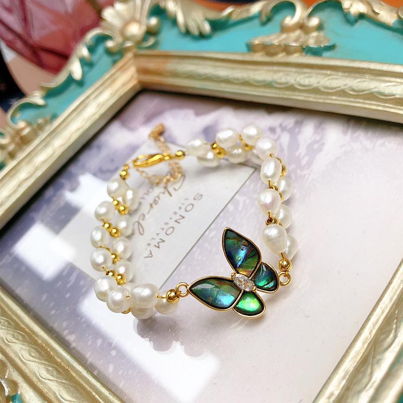 Zhuji Women s Freshwater Pearl & Abalone Butterfly Bracelet - Layered Light Luxury Jewelry 5-6mm белый