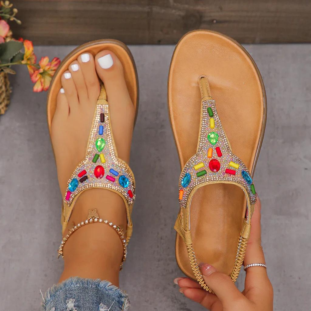 Fashion Bohemian Style Women's Flat Sandals Rhinestone Clip Toe Gladiator Sandals Woman 2025 Summer Anti Slip Beach Shoes Flip Flops