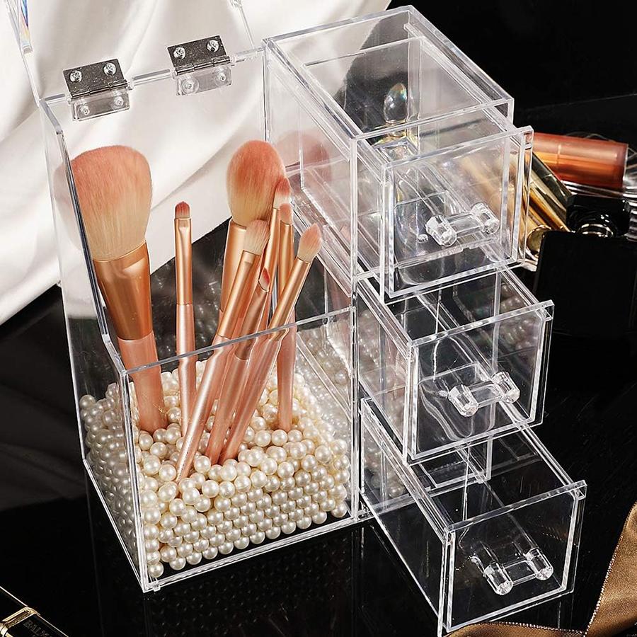 Makeup Brush Holder,Clear Cosmetic Brushes Organizer With Drawer for Storage Brushes with Lid for Dressing Tables and Vanity