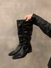 Thick heel pleated long tube knight boots women's shoes 2025 new spring and autumn western thin medium tube long boots