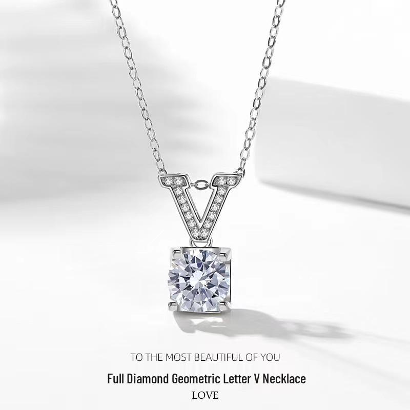 Korean Style Rhinestone V Letter Necklace with Full Diamond Design