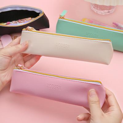 Modern Fashionable Pencil Bags Gold Color Metal Zipper Small Pencil Bag Soft PU Simple Pen Bag for Student