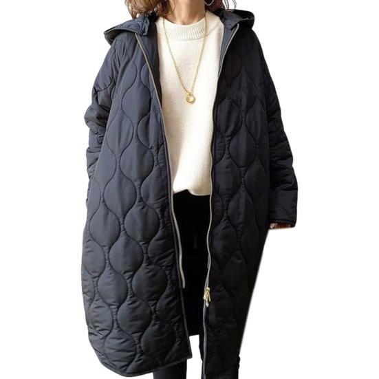 Fall Winter Women Jacket Hooded Zip-up Rhombus Texture Thin Padded Long Sleeves