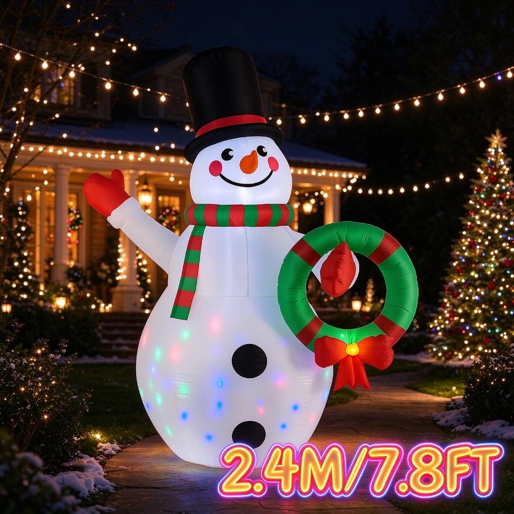 7.8FT/2.4M Inflatable Snowman Waving Holding Christmas Wreath with Lights, Outdoor Yard Decoration