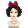 Short Black Curly Synthetic Wig for Women Snow White Cosplay Wigs with Red Bow Costume Anime Wig Halloween Party Heat Resistant