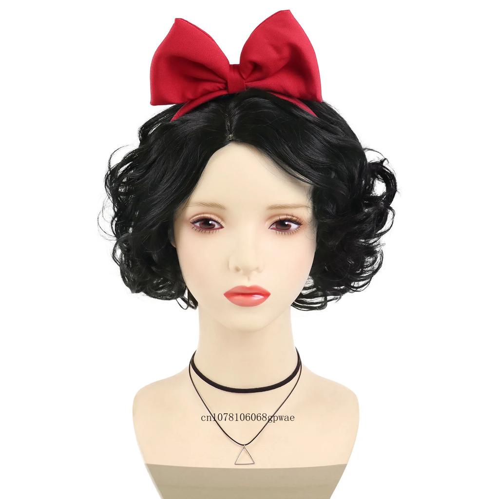 Short Black Curly Synthetic Wig for Women Snow White Cosplay Wigs with Red Bow Costume Anime Wig Halloween Party Heat Resistant