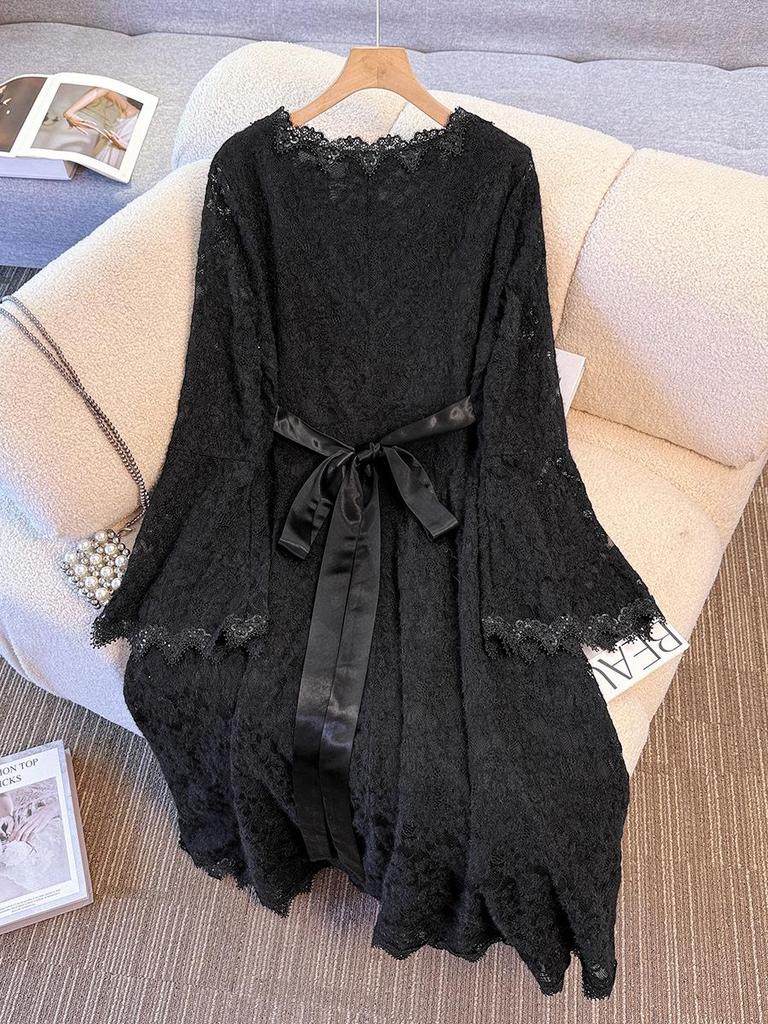 Plus Size Women's French Lace Dress, Long Sleeve, Waist-Cinched, Elegant and Slimming, Fits 130-300 Jin