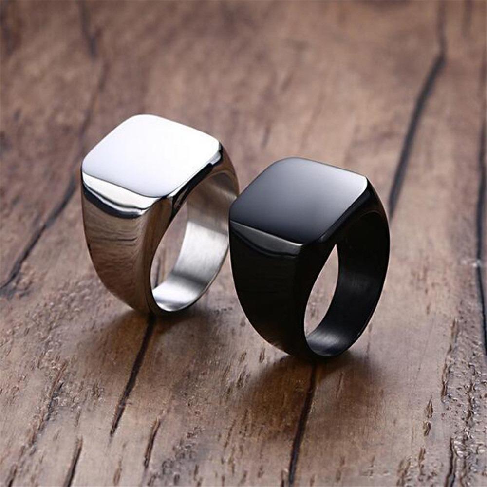 Fashion Men Black Smooth Stainless Steel Rings Glossy Signet Square Finge Rings Hiphop Punk Male Wedding Party Jewelry