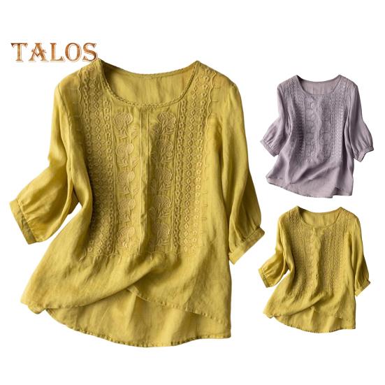 Dameskjorte med rund hals og halve ermer Broderi Blomstermønster Topper Ensfarget Tynn retro bluse Daglig slitasje