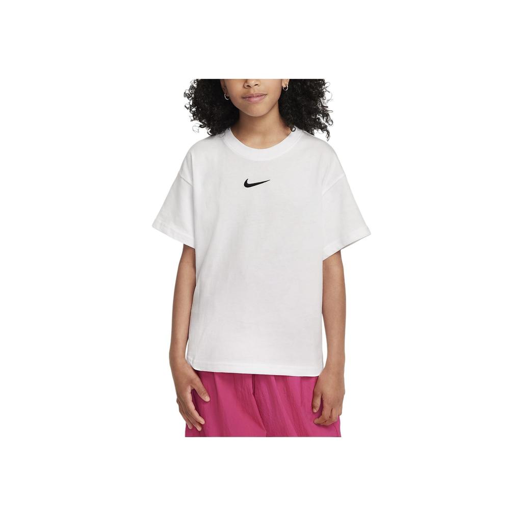 Nike Soft Loose Fit Everyday Embroidered Logo Crew Neck Short Sleeve T-Shirt Kids Tops White FZ5539-100