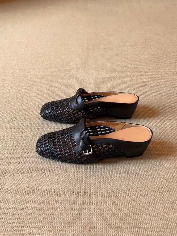 Skinny and tall retro baotou half slippers women's summer wear thick heels and inner height increase one pedal woven breathable sandals