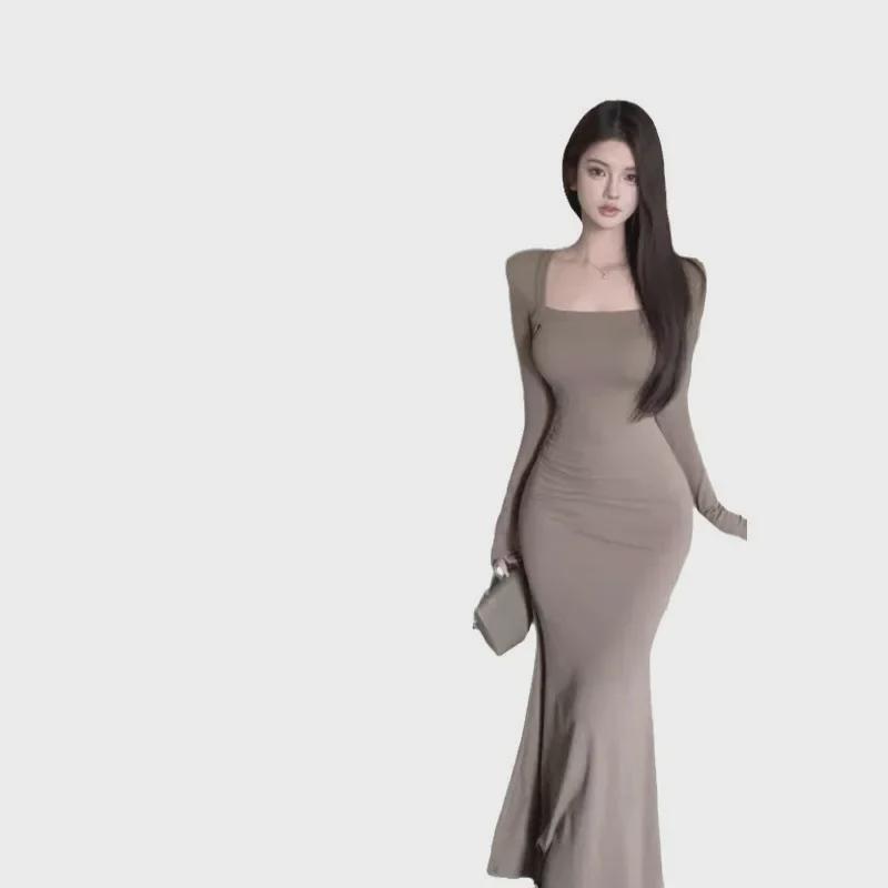 2024 Autumn/Winter Women's Royal Style Square Collar Slim Fit Fishtail Dress
